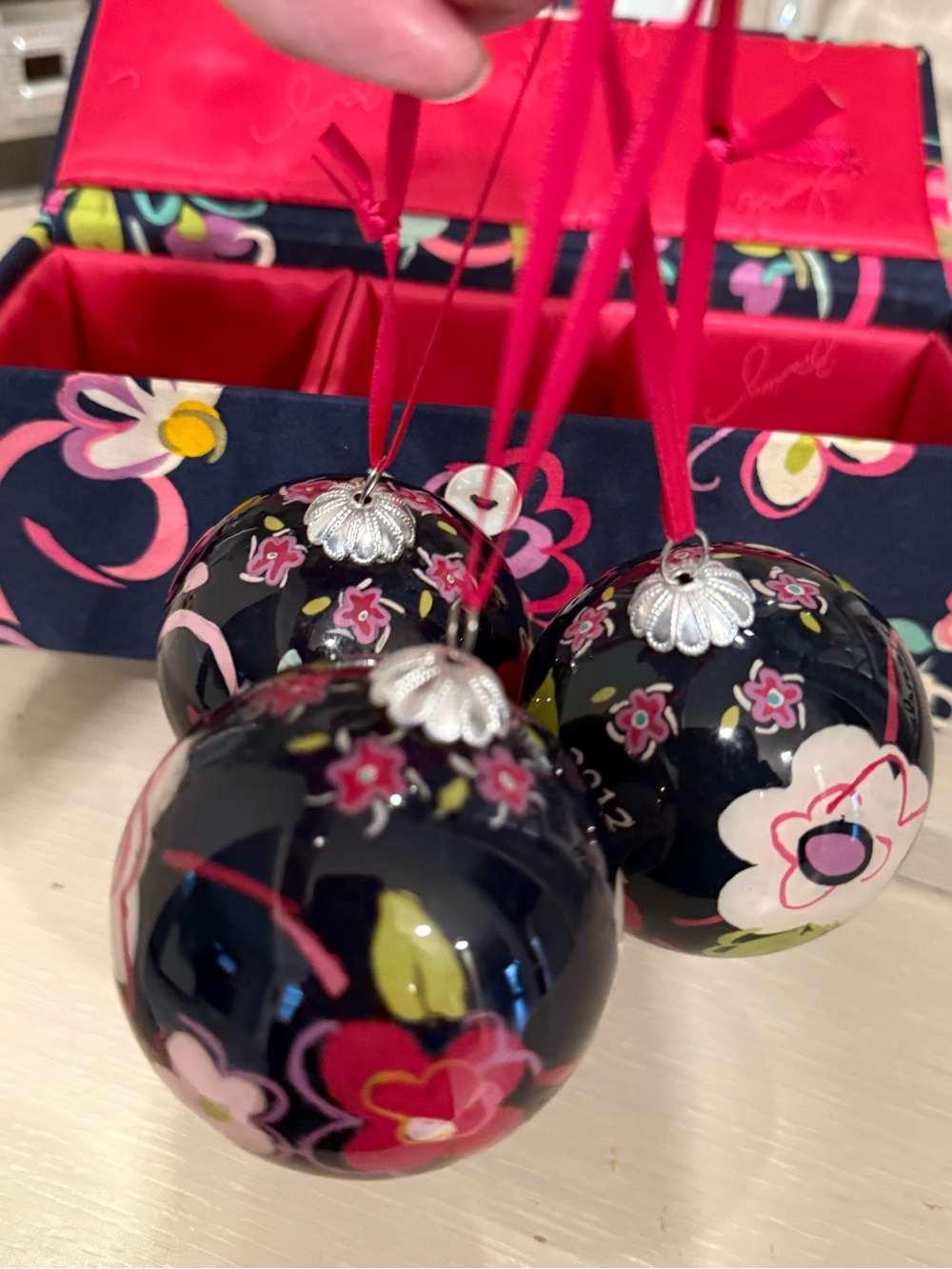 Vera Bradley 2012 Navy Floral Ornament Trio with Hot Pink Ribbons